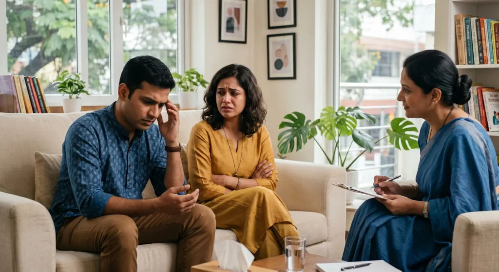 Couple therapist session helping partners improve communication and resolve relationship issues.